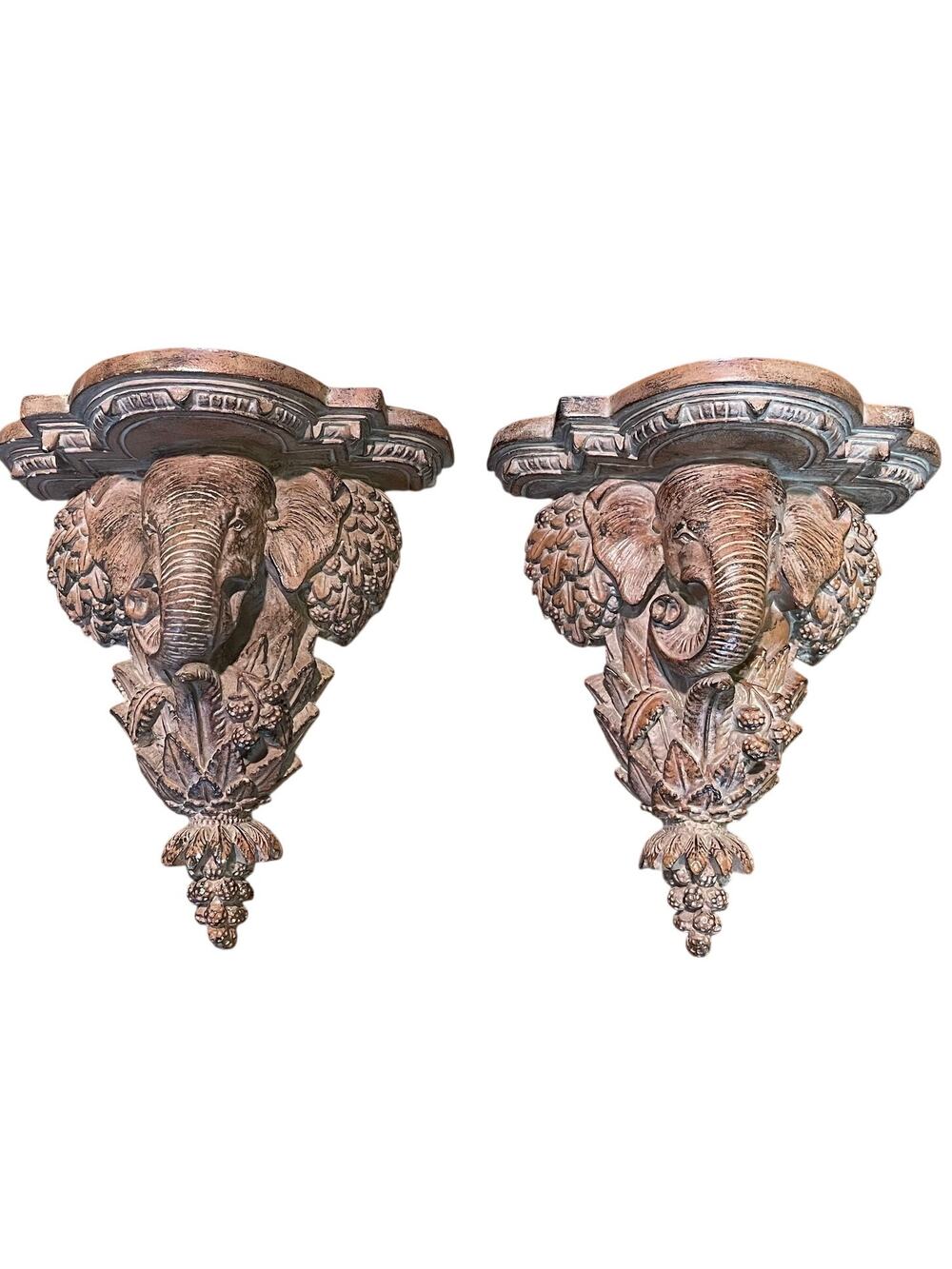 Vintage Elephant Bracket Wall Sconce / Shelf, Tropical Floral, Decor Set of 2